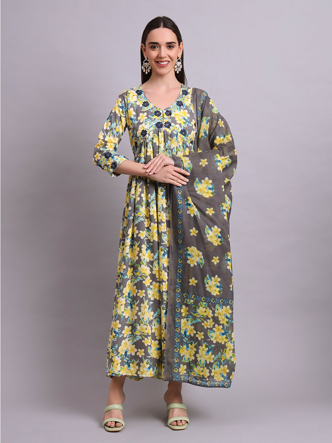 Joban Fashion Yellow Cotton Floral Printed & Embroidery Work Anarkali Dress With Dupatta Set | Grocsy