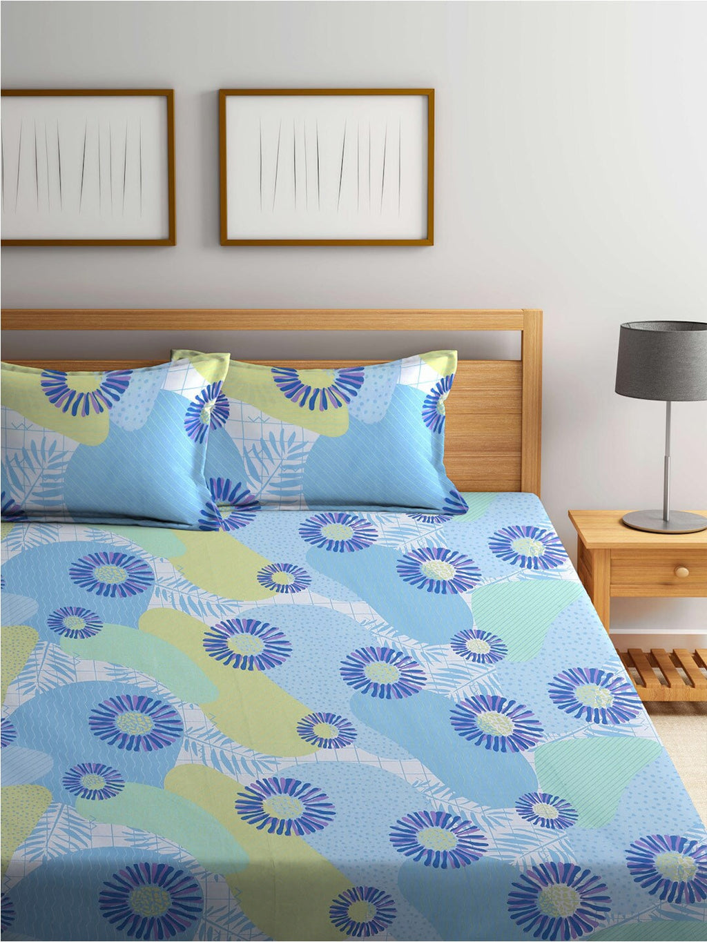 BOMBAY DYEING Serenita Blue Printed Cotton 144 TC King Bedsheet with 2 Pillow Covers | Grocsy