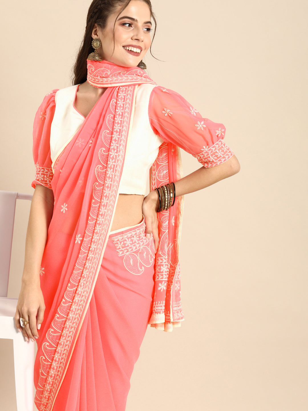 Sangria Pink Chikankari Embroidered Pure Georgette Saree | Grocsy