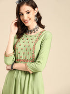 Sangria Women Green & Pink Floral Embroidered Thread Work Pastels Kurta | Grocsy