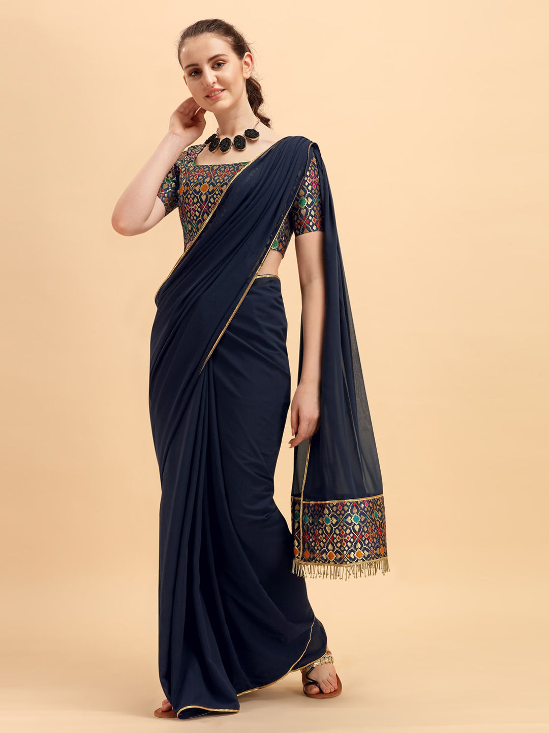 Sangria Navy Blue Solid Saree | Grocsy