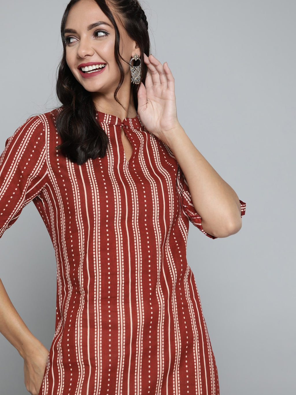 HERE&NOW Women Rust Red & Off-White Pure Cotton Striped Keyhole Neck Straight Kurta | Grocsy