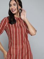 HERE&NOW Women Rust Red & Off-White Pure Cotton Striped Keyhole Neck Straight Kurta | Grocsy