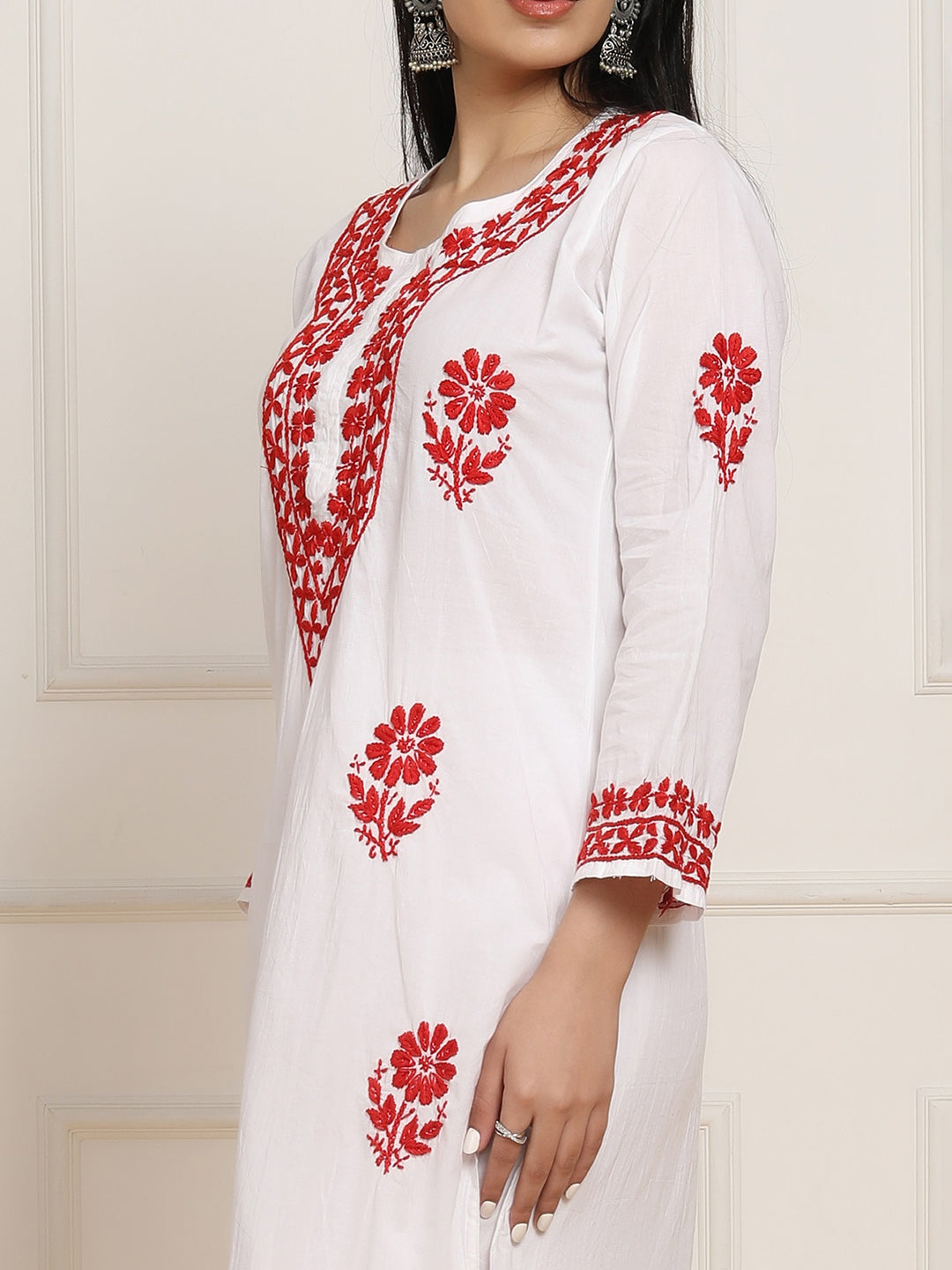 HOUSE OF KARI Women Floral Embroidered Regular Chikankari Pure Cotton Kurta with Trousers | Grocsy