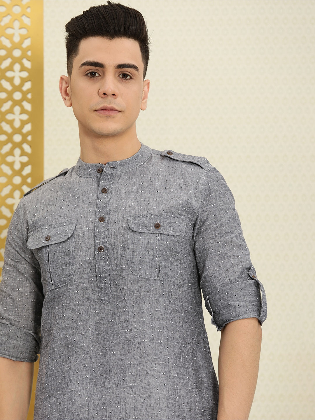 House of Pataudi Men Grey Solid Roll Up Sleeved Pathani Kurta | Grocsy