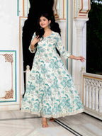 Miravan Women's Light Green Cotton Gotapatti And Lace Border Birds And Leaf Anarkali Kurta | Grocsy