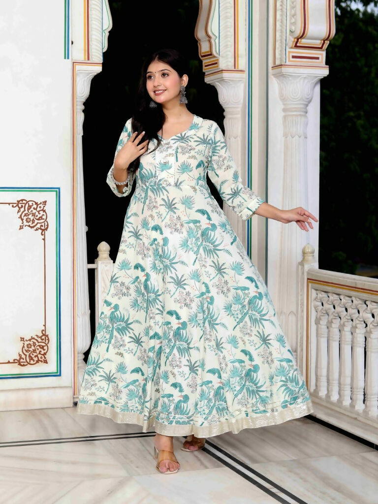 Miravan Women's Light Green Cotton Gotapatti And Lace Border Birds And Leaf Anarkali Kurta | Grocsy