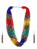 Cardinal Red & Green Beaded Multistring Necklace & Earrings Set | Grocsy