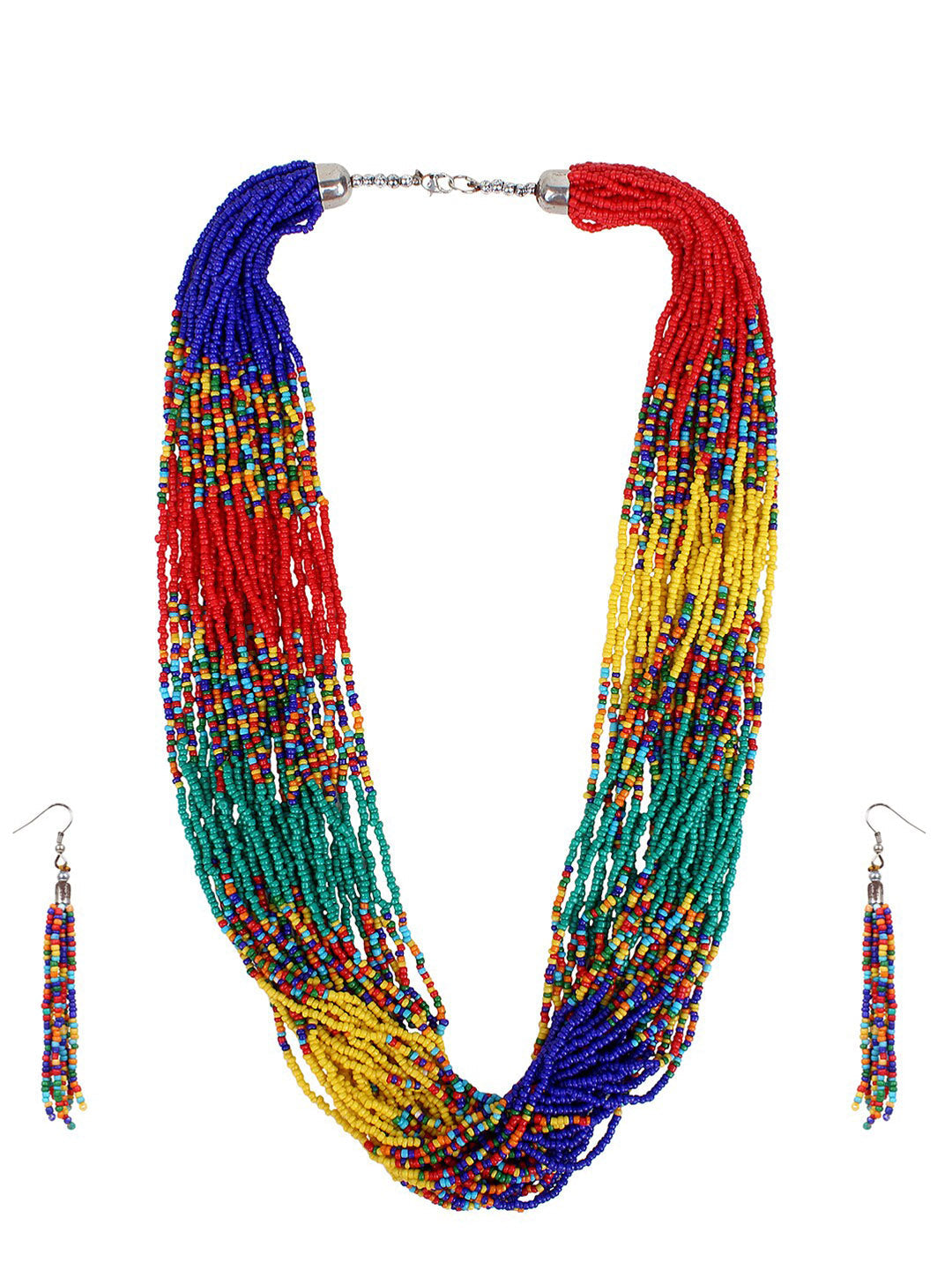 Cardinal Red & Green Beaded Multistring Necklace & Earrings Set | Grocsy