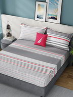 Nautica Bradford Grey & White Striped Cotton 160 TC King Bedsheet With 2 Pillow Covers | Grocsy