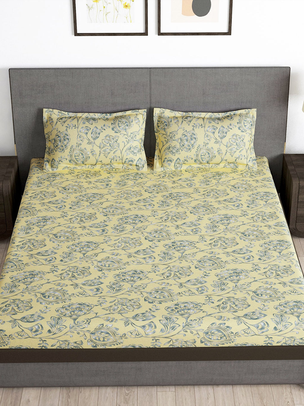 Story@home Arena Cream-Coloured & Grey Printed 180 TC Queen Bedsheet & 2 Pillow Covers | Grocsy