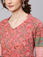 Aks Pink Floral Printed Mandarin Collar Regular Pure Cotton Kurta With Trousers | Grocsy