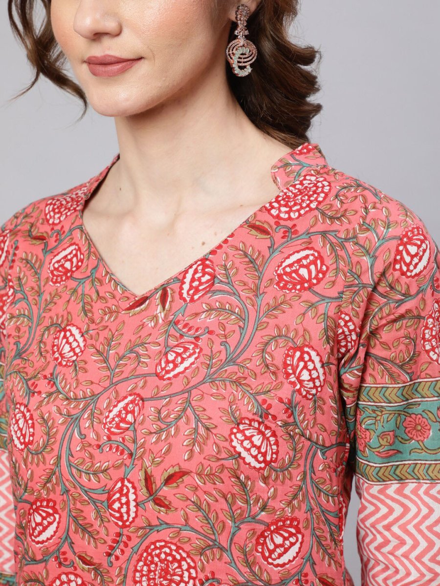 Aks Pink Floral Printed Mandarin Collar Regular Pure Cotton Kurta With Trousers | Grocsy