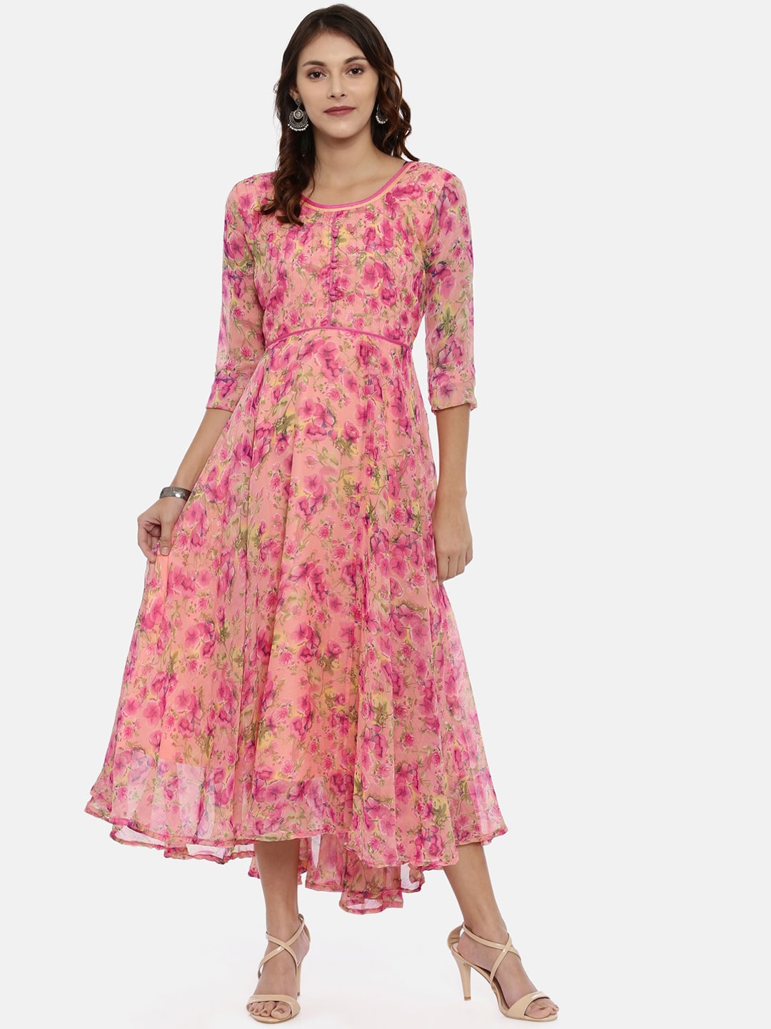 Souchii Pink & Yellow Floral Printed Fit & Flare Dress | Grocsy