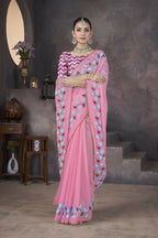 Vastranavya Pink Soft Crush Georgette Thread Embroidery work of Leaf Pattern with Patched Lace Border Saree | Grocsy