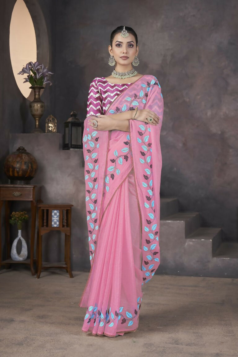 Vastranavya Pink Soft Crush Georgette Thread Embroidery work of Leaf Pattern with Patched Lace Border Saree | Grocsy