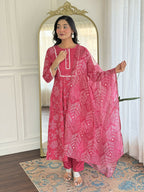 The52 Women's Beautiful Rayon Fabric Printed Work Flared Kurta Pant and Dupatta Set | Grocsy