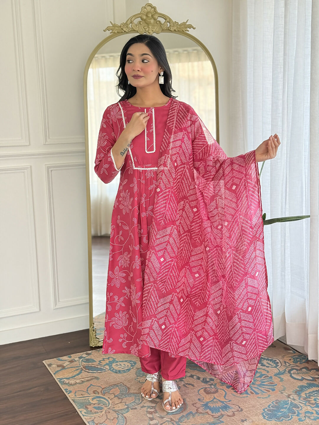 The52 Women's Beautiful Rayon Fabric Printed Work Flared Kurta Pant and Dupatta Set | Grocsy