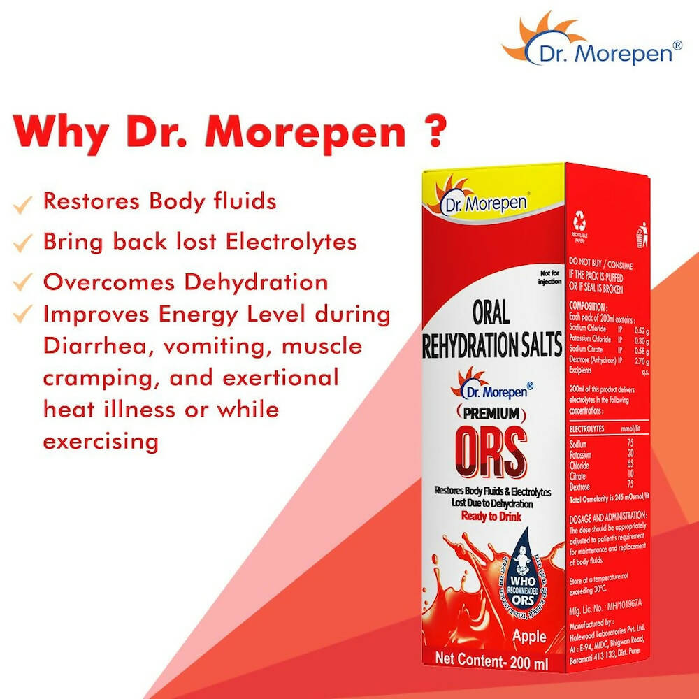 Dr. Morepen Premium ORS Drink With Electrolytes for Instant Hydration Apple Flavour | Grocsy