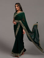 PR Fashion Green Zometo Embroidery Lace Saree | Grocsy