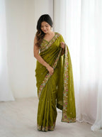Teeya Creation New Trendy Party Wear Soft Satin Chiffon Saree-Dark_Green | Grocsy