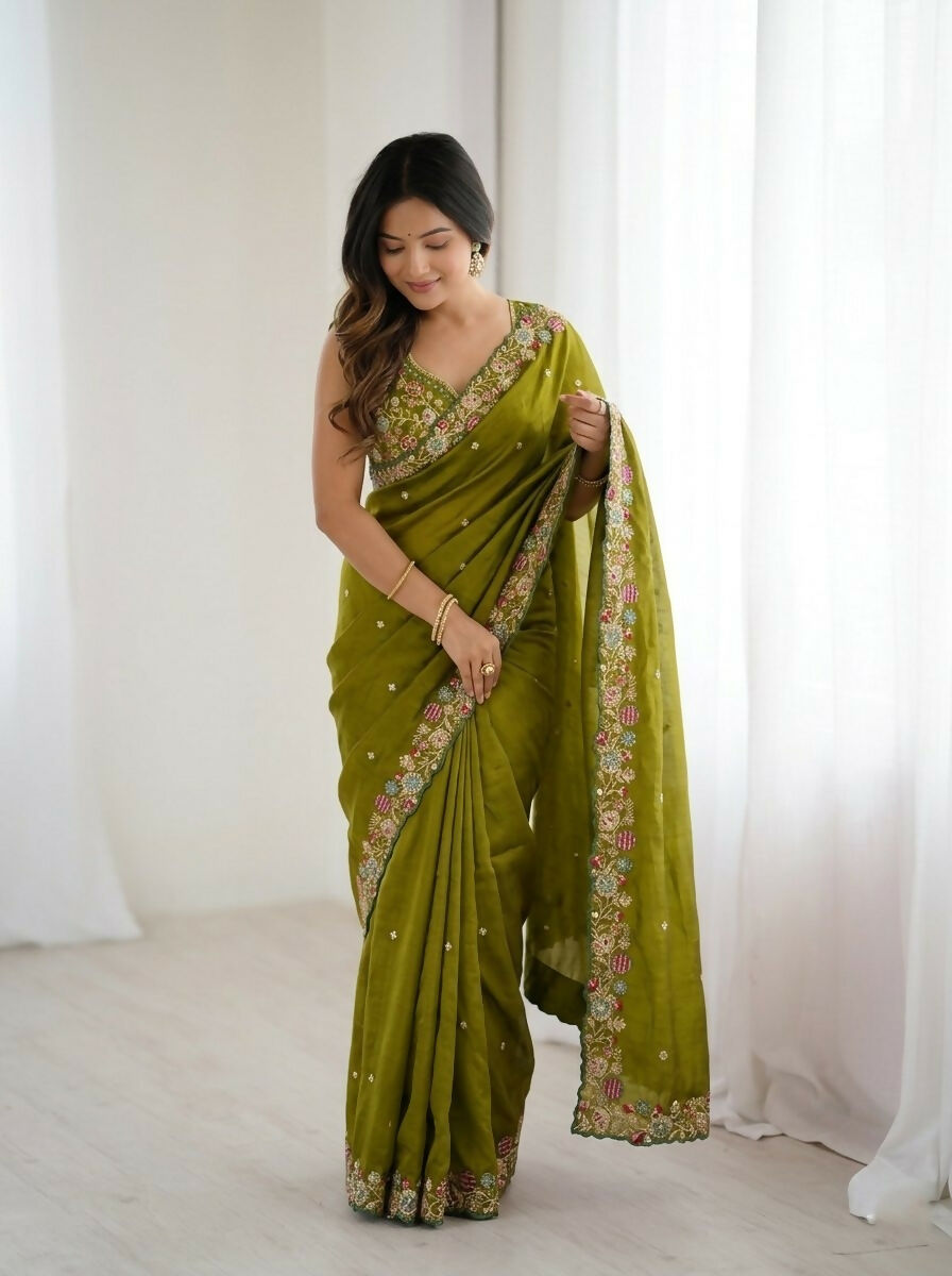 Teeya Creation New Trendy Party Wear Soft Satin Chiffon Saree-Dark_Green | Grocsy