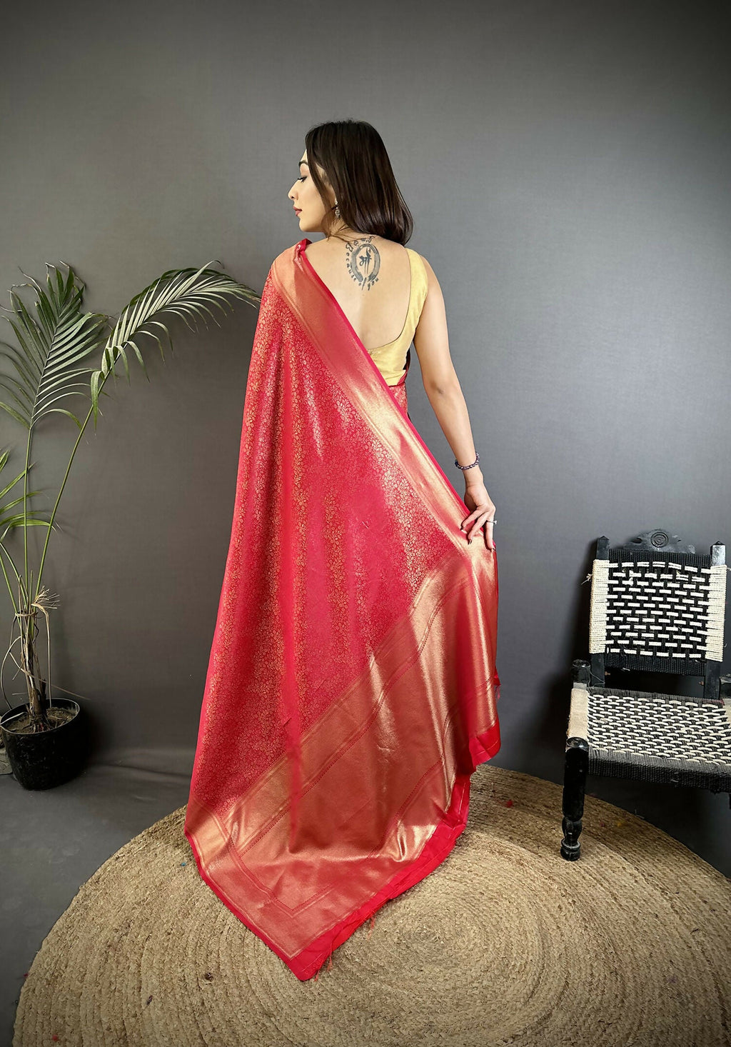 Joban Fashion Red Floral Motifs & Ethnic Design Soft Satin Silk Kanchipuram Saree | Grocsy