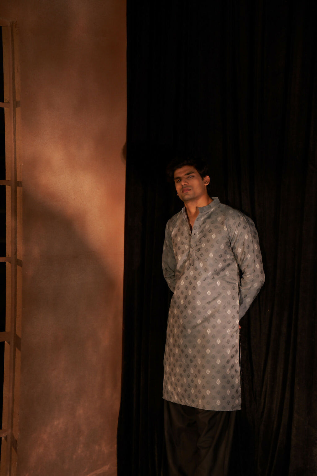 Greyish Blue Viscose Wevon Designer Men's Kurta Set - Mahotsav | Grocsy