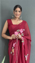 Aayaa Designer 1 min Hand Painted Ready to Wear saree - Maroon | Grocsy