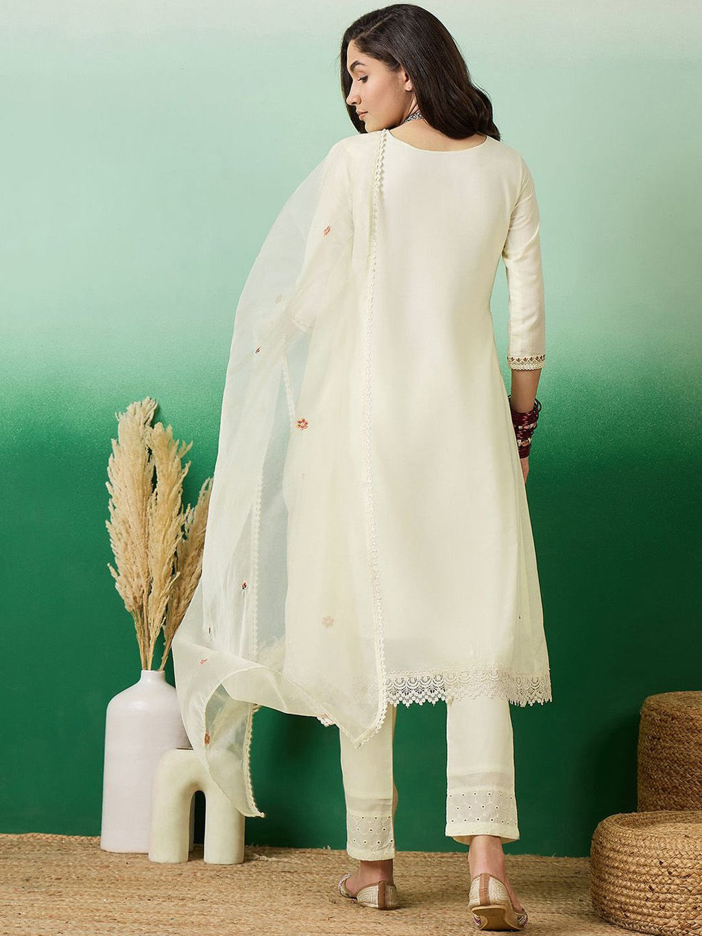 Sangria Off White Floral Embroidered Straight Kurta With Trousers With Dupatta | Grocsy