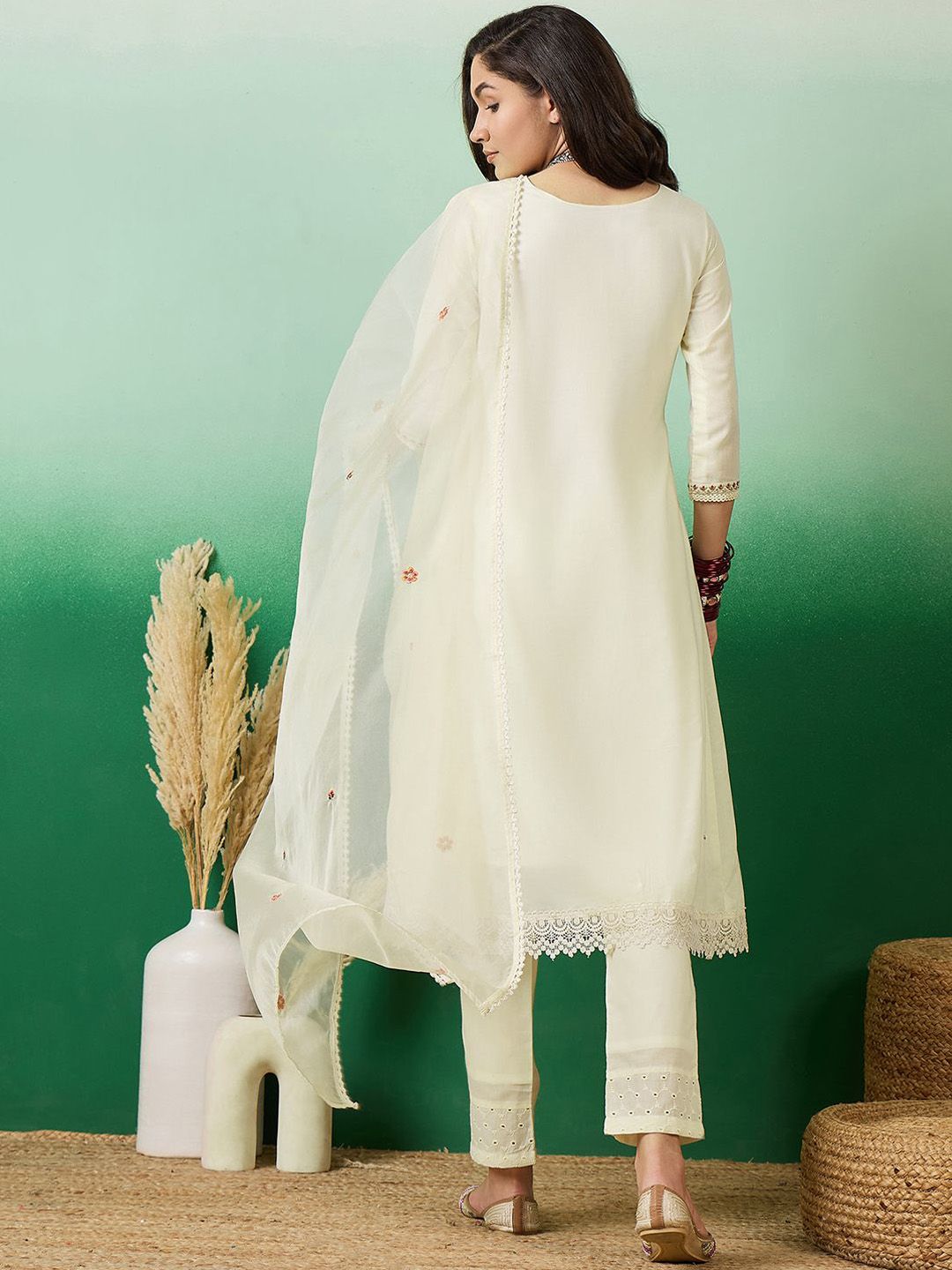 Sangria Off White Floral Embroidered Straight Kurta With Trousers With Dupatta | Grocsy