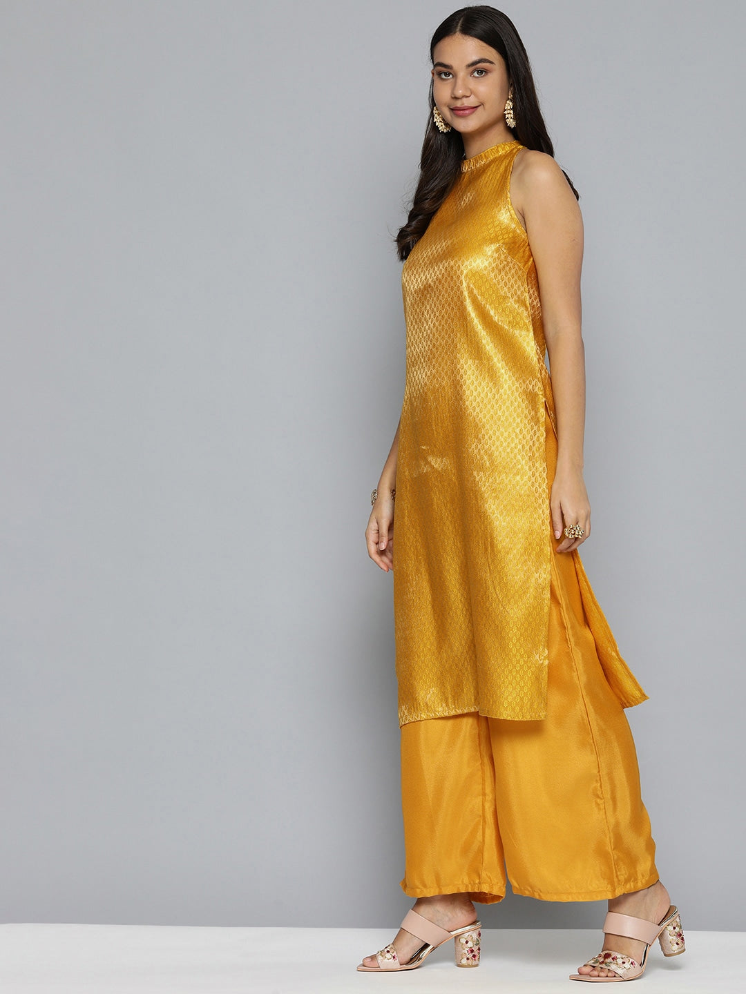 HERE&NOW Women Mustard Yellow Ethnic Motifs Kurta with Palazzos & With Dupatta | Grocsy