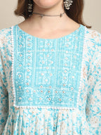 Sangria White & Blue Floral Printed Mirror Work A-Line Kurta With Trouser & Dupatta | Grocsy