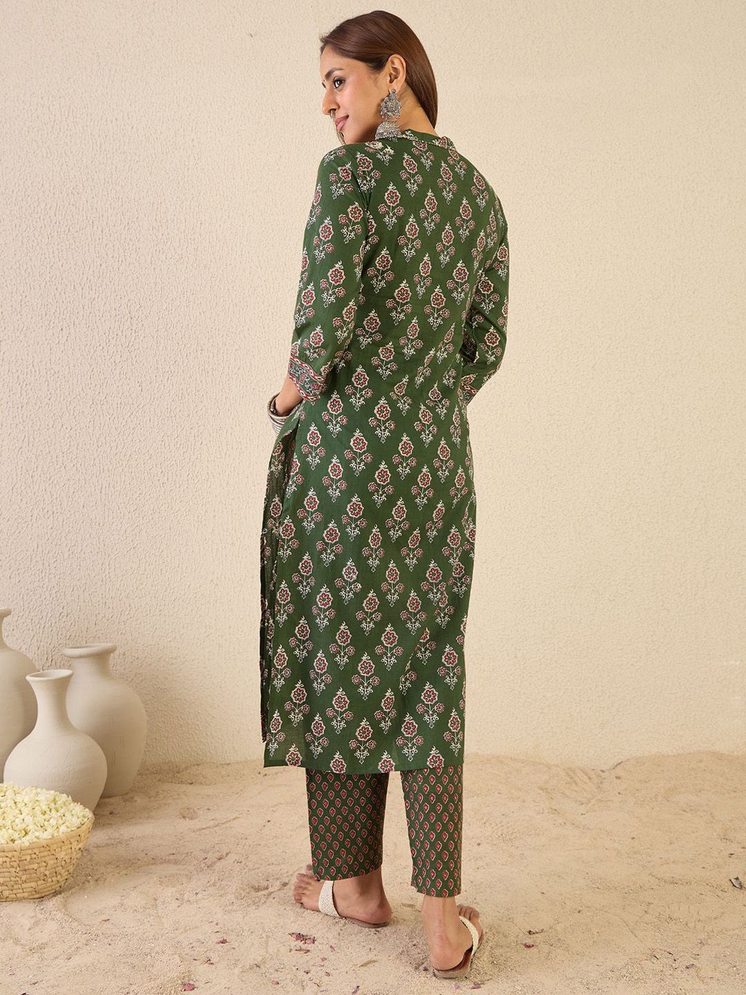 Indo Era Women Floral Printed Regular Sequinned Detail Pure Cotton Kurta with Trousers | Grocsy