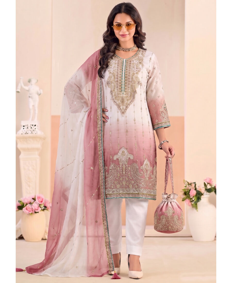 KC Designer Pink Ombre Straight Suit For Women With Hand Embroidery | Grocsy