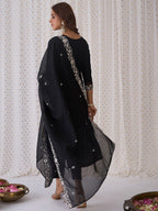 Indo Era Black Floral Embroidered Thread Work Kurta with Trousers & Dupatta | Grocsy