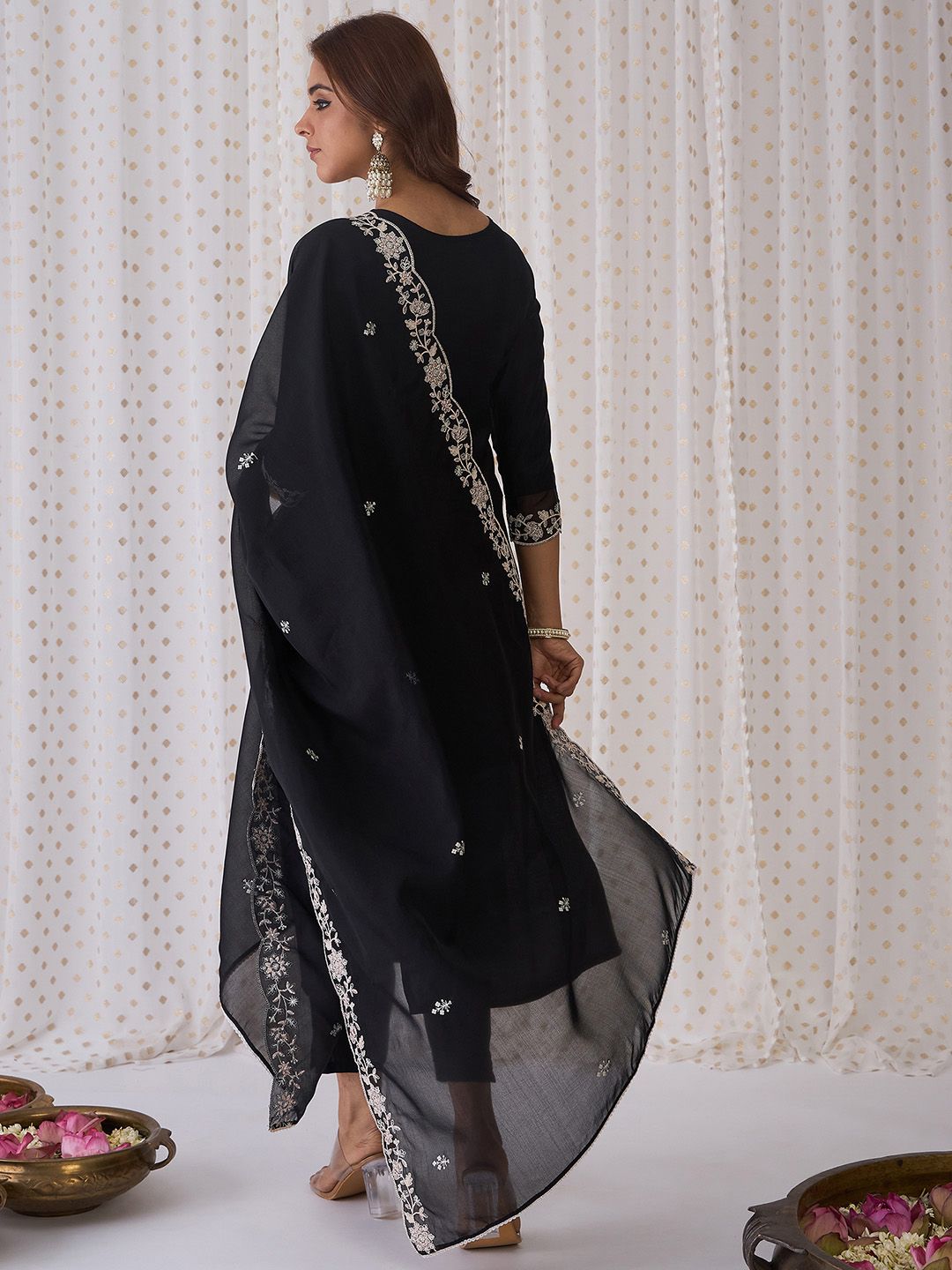 Indo Era Black Floral Embroidered Thread Work Kurta with Trousers & Dupatta | Grocsy