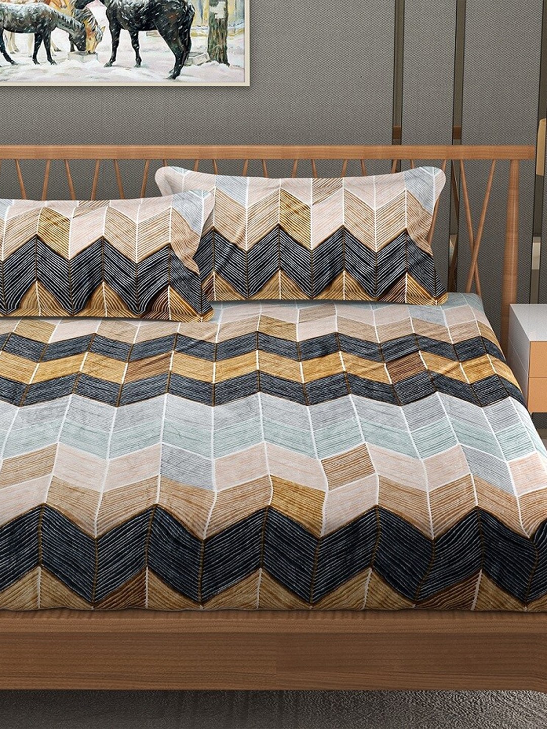 Stylespace by Isha Grey & Blue Geometric Velvet 330 TC King Bedsheet with 2 Pillow Covers | Grocsy