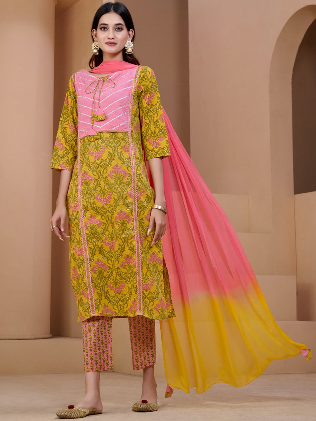 Sangria Yellow & Peach Floral Printed Pure Cotton Straight Kurta With Trousers & Dupatta | Grocsy