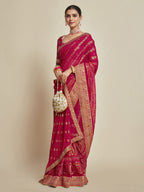 Sangria Pink Woven Design Zari Detail Poly Georgette Bandhani Saree | Grocsy