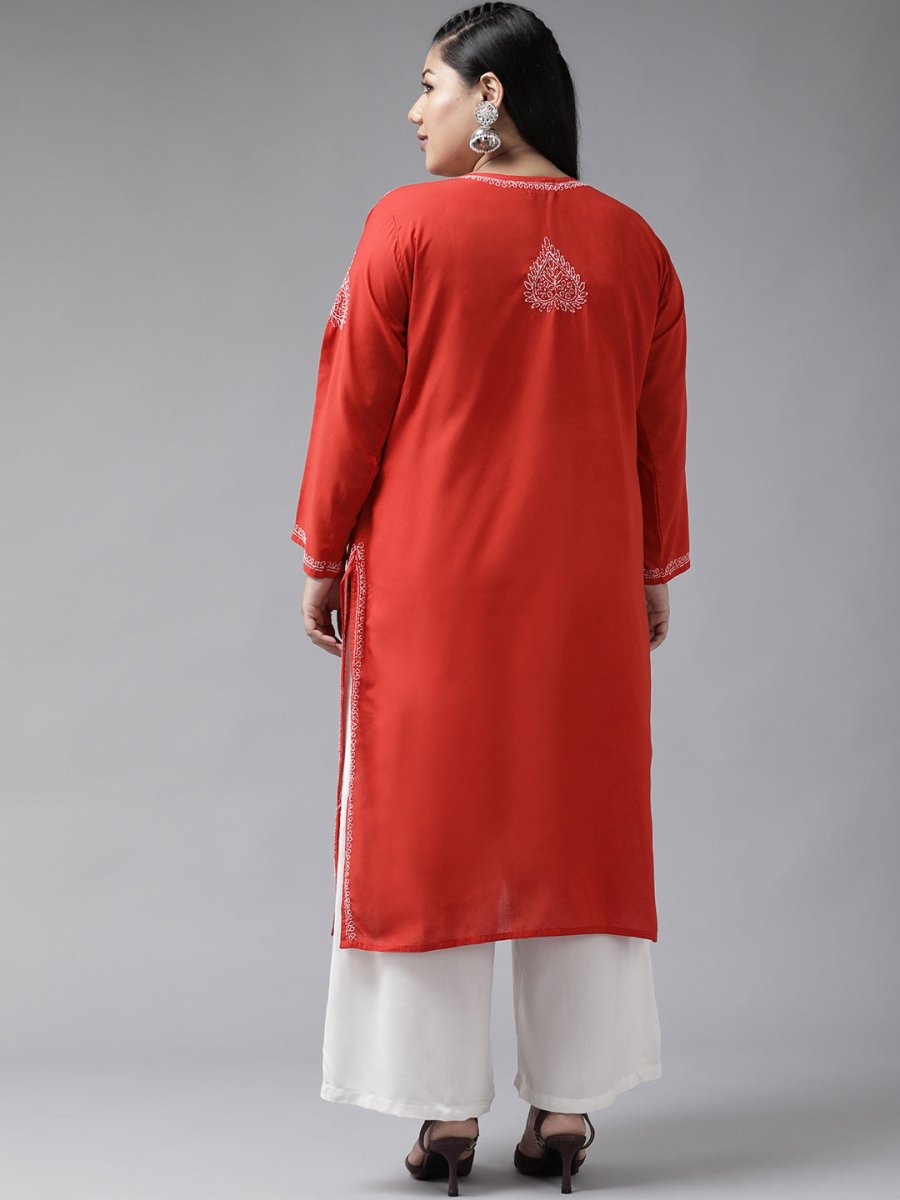 ADA Women Plus Size Red & White Ethnic Motifs Pure Cotton Chikankari Embroidered Kurta | Grocsy