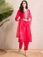 Indo Era Women Floral Yoke Design Regular Liva Kurta with Trousers & With Dupatta | Grocsy