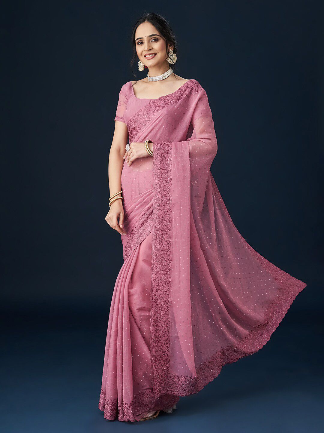 kasee Embroidered Beads and Stones Border Saree | Grocsy