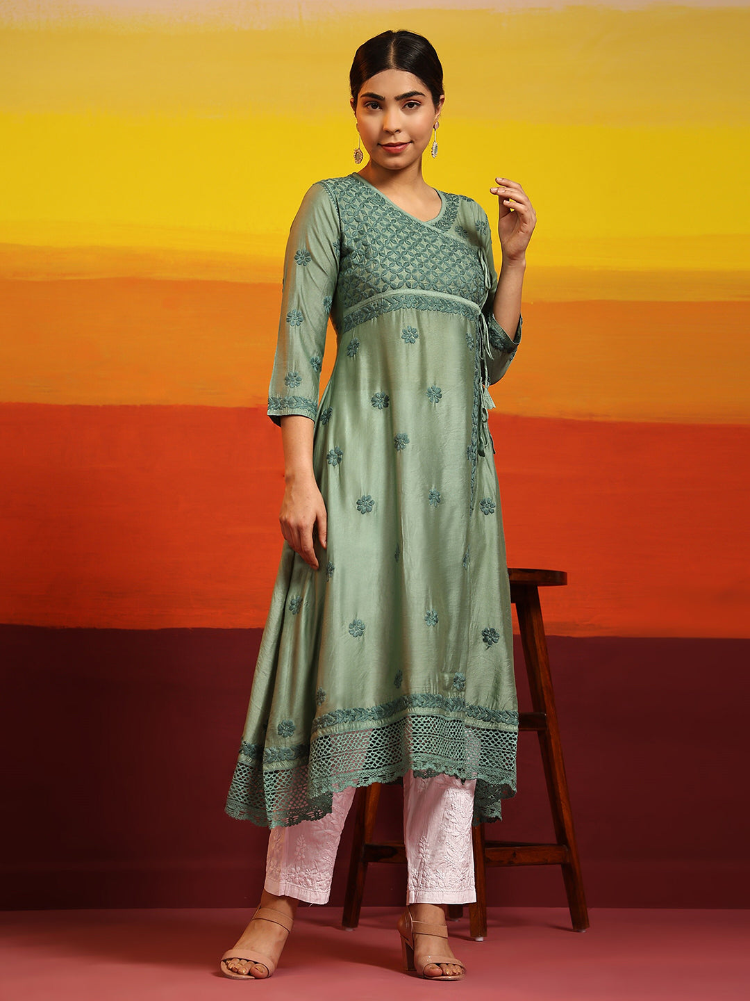 HOUSE OF KARI Embroidered Chikankari Chanderi Silk Anarkali Kurta | Grocsy