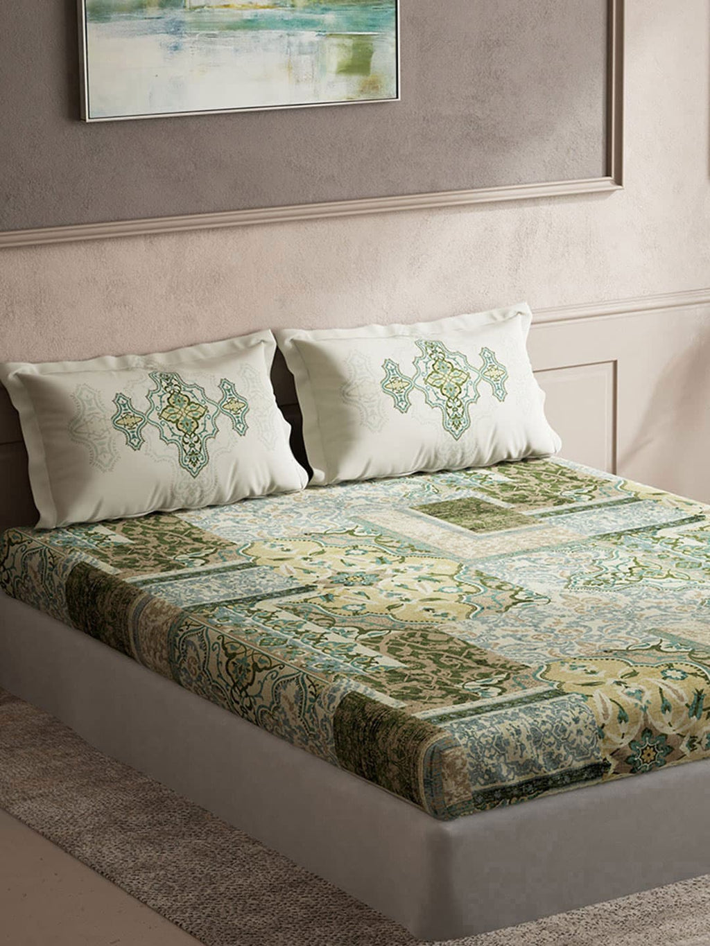 DDecor Green & White Ethnic Motifs Cotton 140 TC King Bedsheet with 2 Pillow Covers | Grocsy