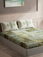 DDecor Green & White Ethnic Motifs Cotton 140 TC King Bedsheet with 2 Pillow Covers | Grocsy