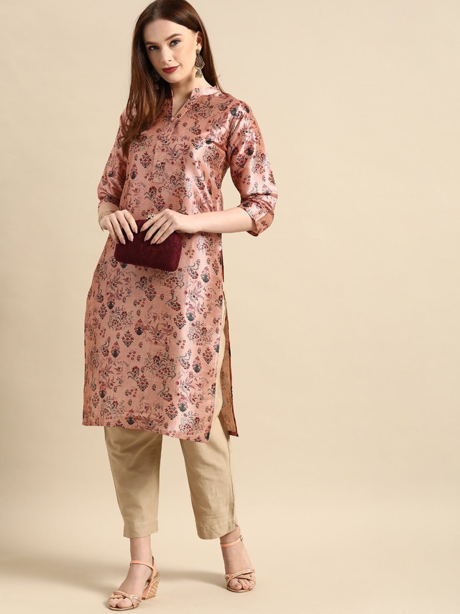 All About You Women Dusty Pink Floral Block Print Chanderi Silk Blend Straight Kurta | Grocsy