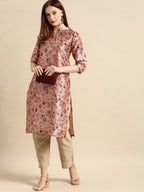 All About You Women Dusty Pink Floral Block Print Chanderi Silk Blend Straight Kurta | Grocsy