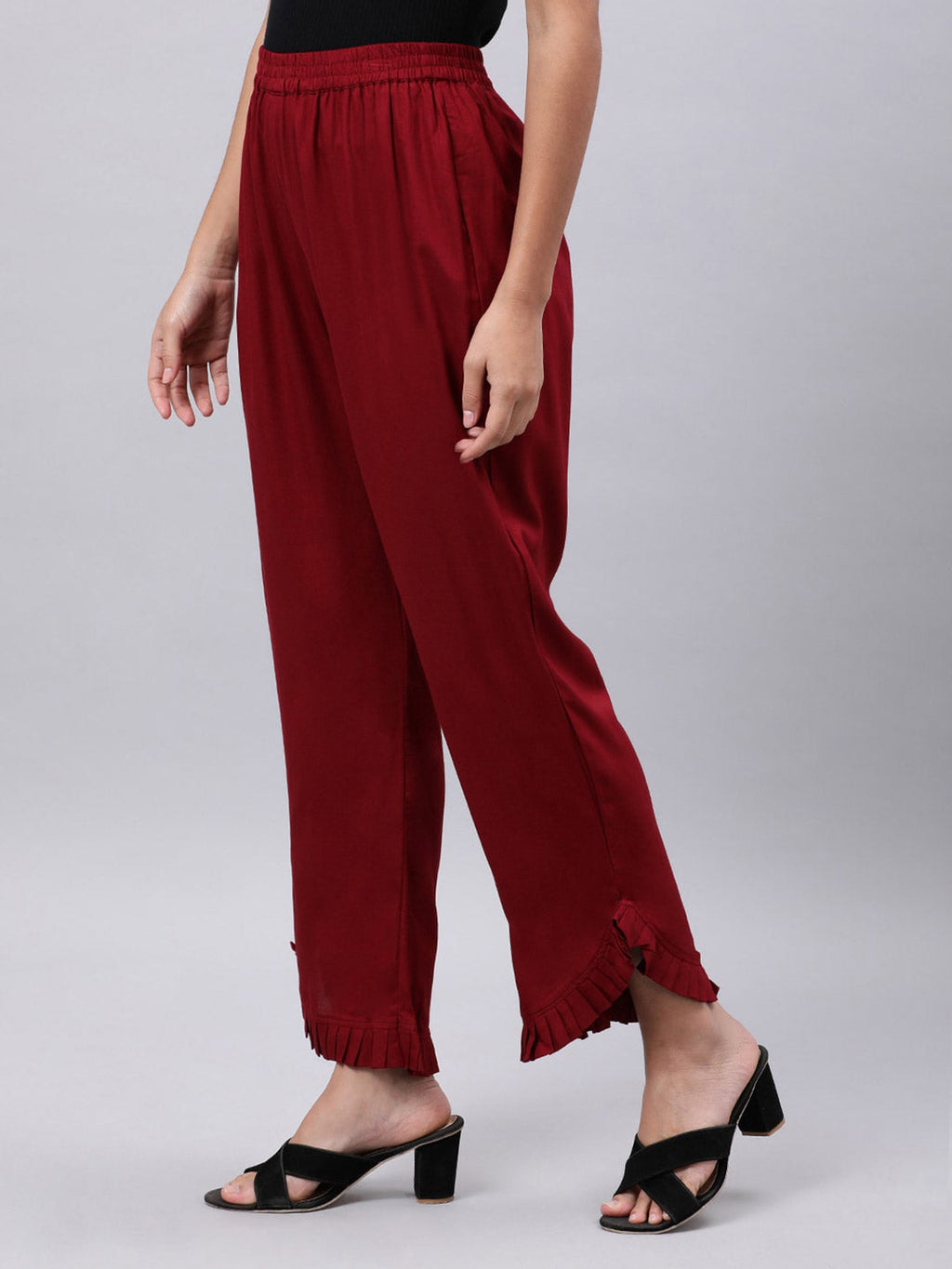Souchii Women Maroon Solid Pleated Ruffled Liva Palazzos | Grocsy
