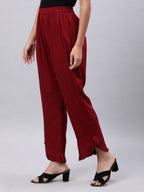 Souchii Women Maroon Solid Pleated Ruffled Liva Palazzos | Grocsy